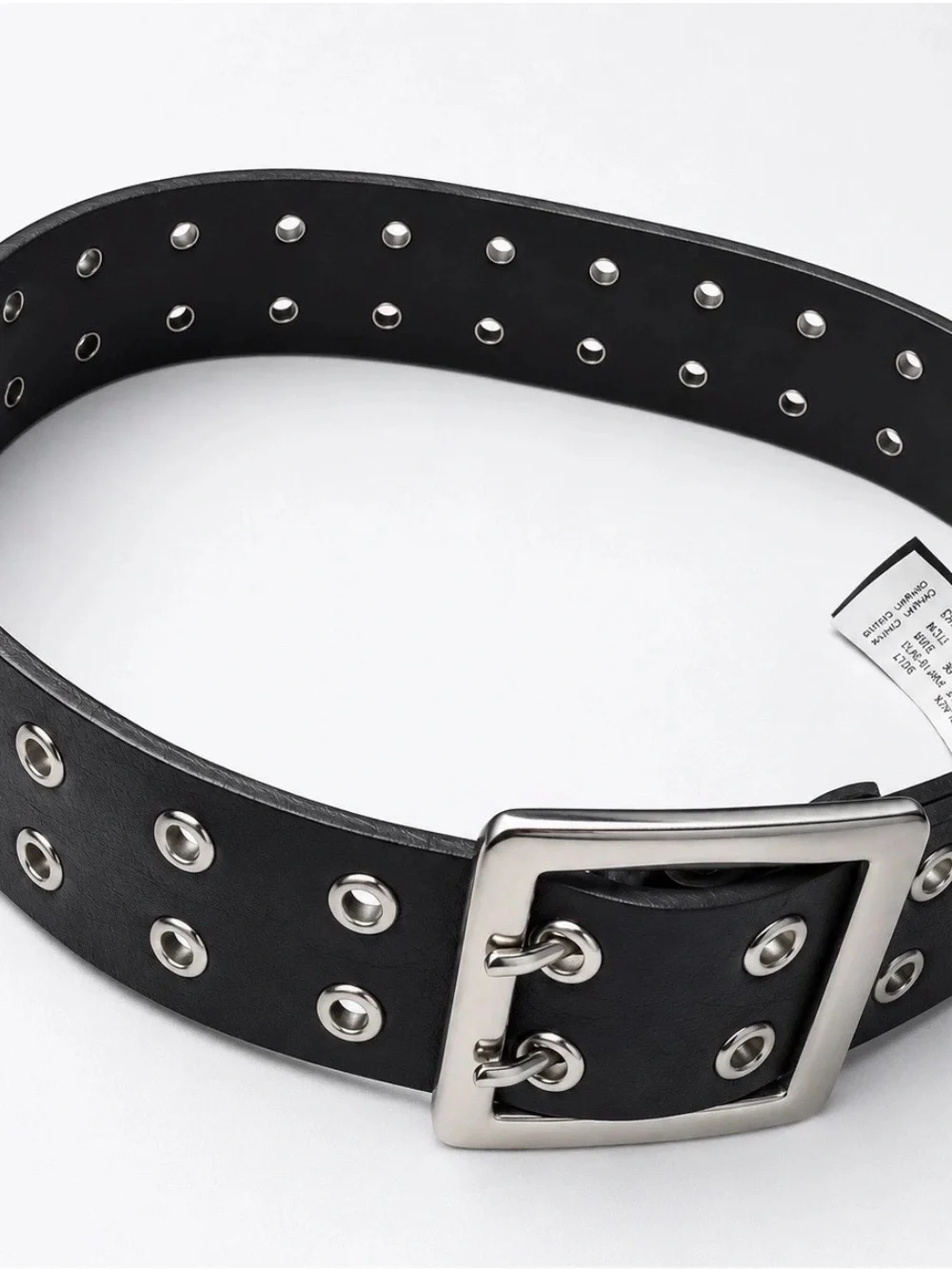 Black Double Grommet Leather Belt with Square Buckle